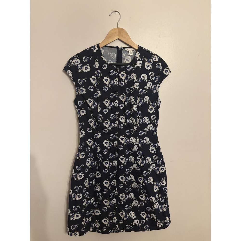 Gap Women's Cotton Linen Blue Floral Sheath Dress Cap Sleeve Pockets Size 6